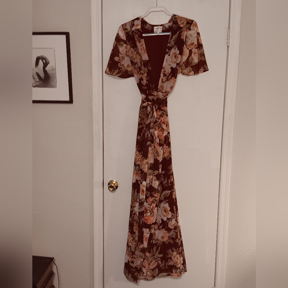 Privacy Please Revolve Maxi Wrap Dress Size L Brown Pink Floral Short Sleeve
